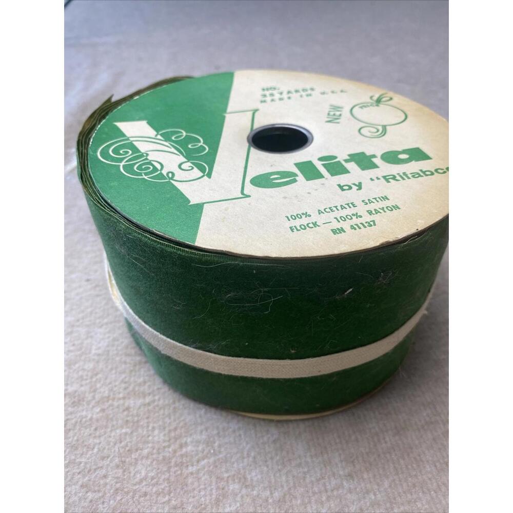 Flocked Velvet ribbon 25 yard roll  4"  Vintage Velita Green Christmas